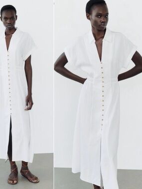 Zara White Linen Button-Down Maxi Shirt Dress